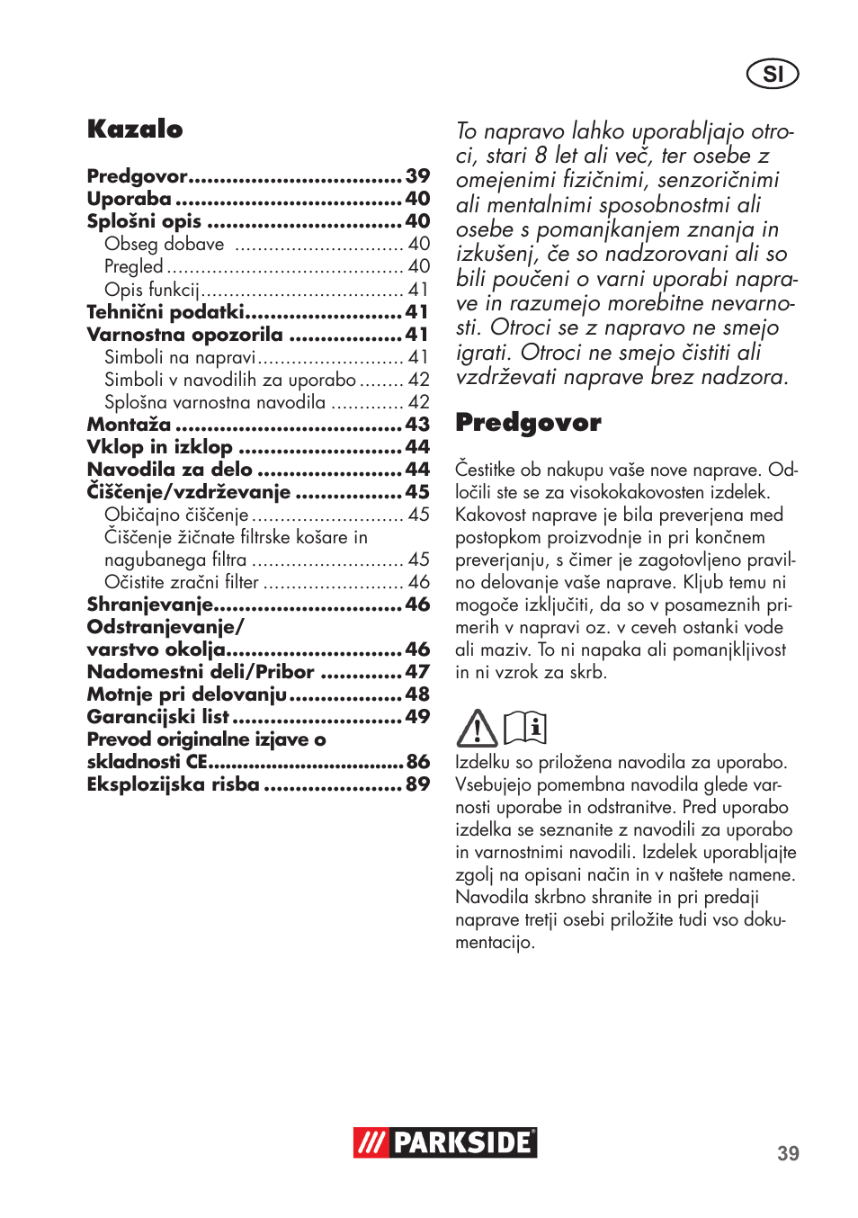 Kazalo, Predgovor | Parkside PAS 500 D3 User Manual | Page 39 / 90