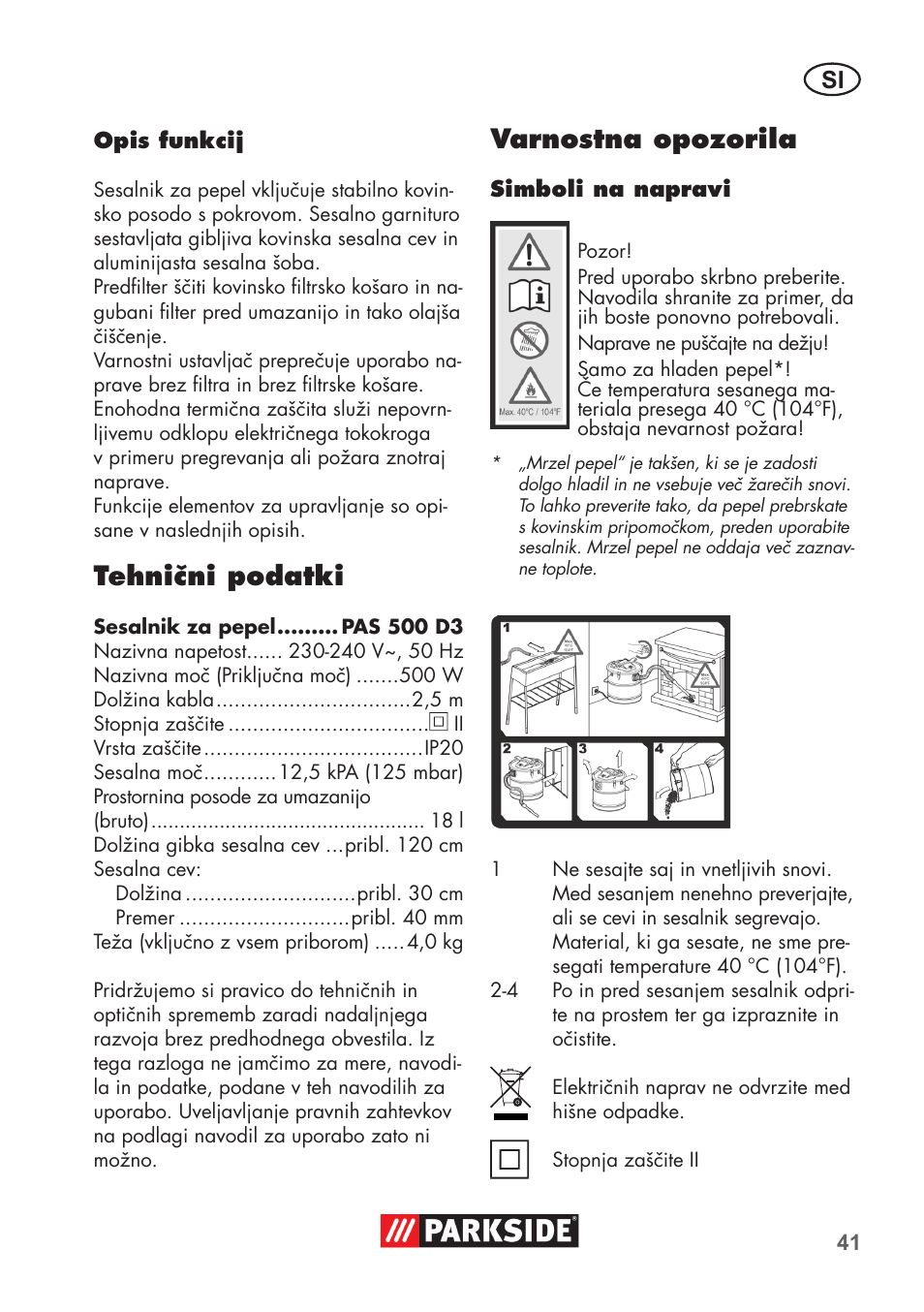 Tehnični podatki, Varnostna opozorila | Parkside PAS 500 D3 User Manual | Page 41 / 90