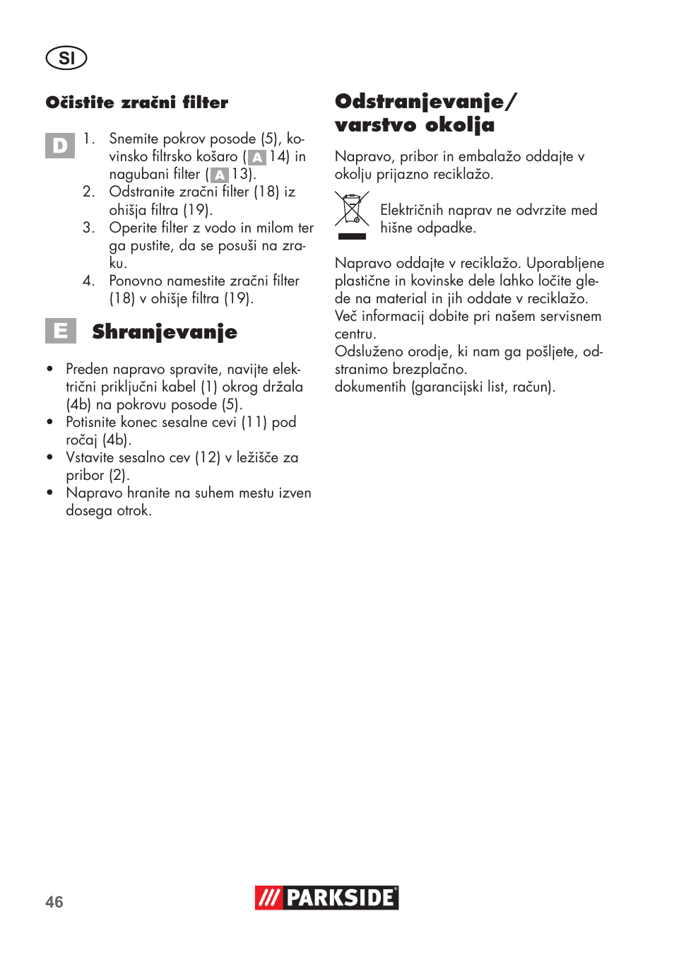 Shranjevanje, Odstranjevanje/ varstvo okolja | Parkside PAS 500 D3 User Manual | Page 46 / 90