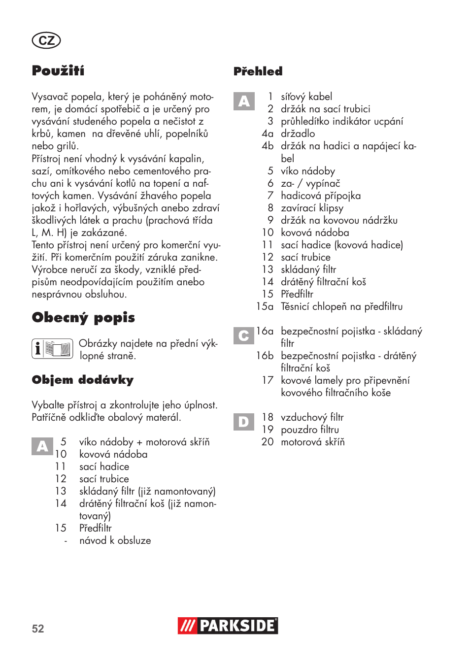 Použití, Obecný popis | Parkside PAS 500 D3 User Manual | Page 52 / 90