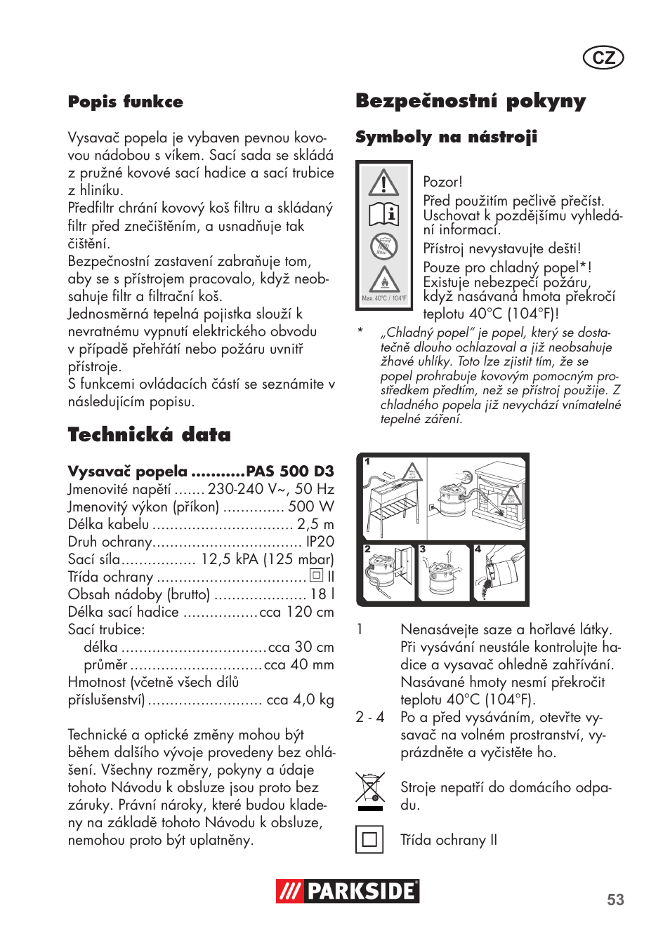 Technická data, Bezpečnostní pokyny | Parkside PAS 500 D3 User Manual | Page 53 / 90