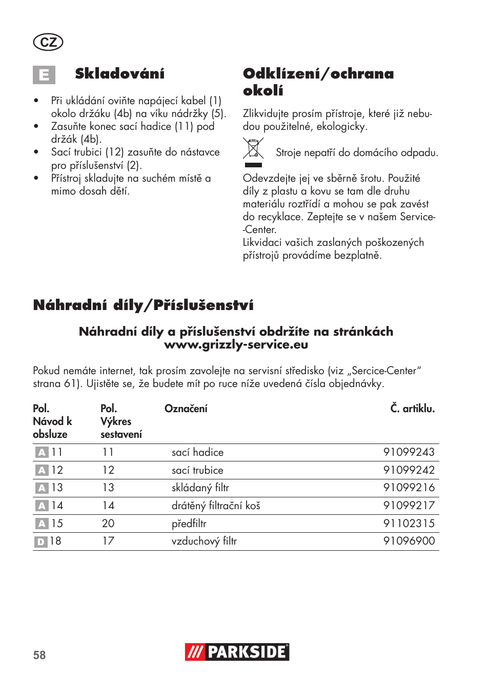 Skladování, Odklízení/ochrana okolí, Náhradní díly/příslušenství | Parkside PAS 500 D3 User Manual | Page 58 / 90