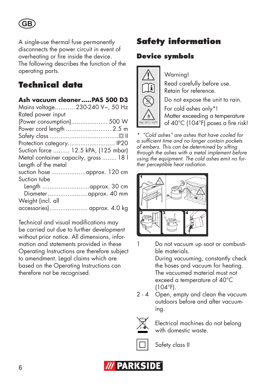 Technical data, Safety information | Parkside PAS 500 D3 User Manual | Page 6 / 90