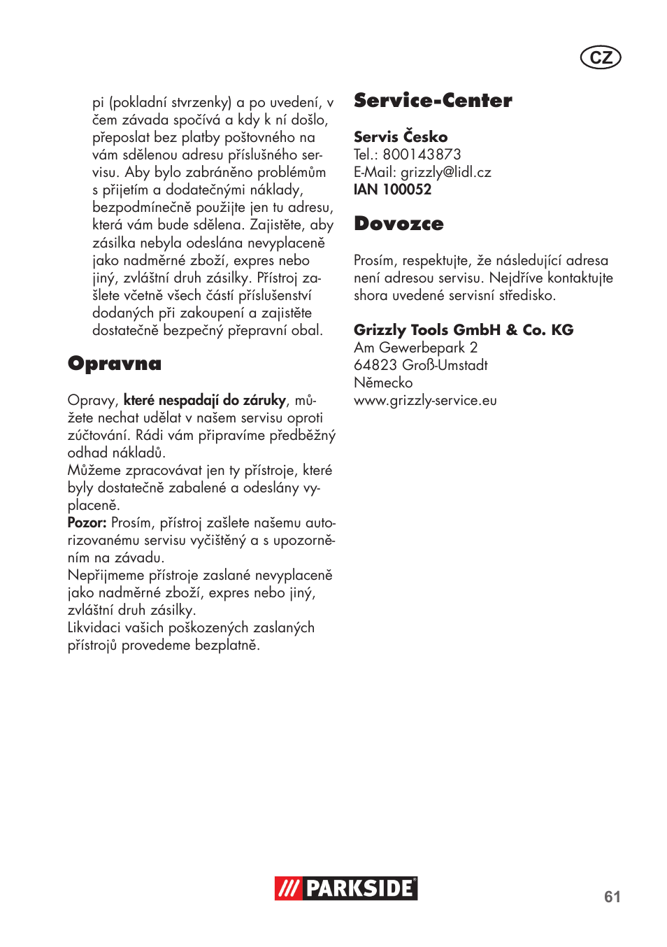 Opravna, Service-center, Dovozce | Parkside PAS 500 D3 User Manual | Page 61 / 90