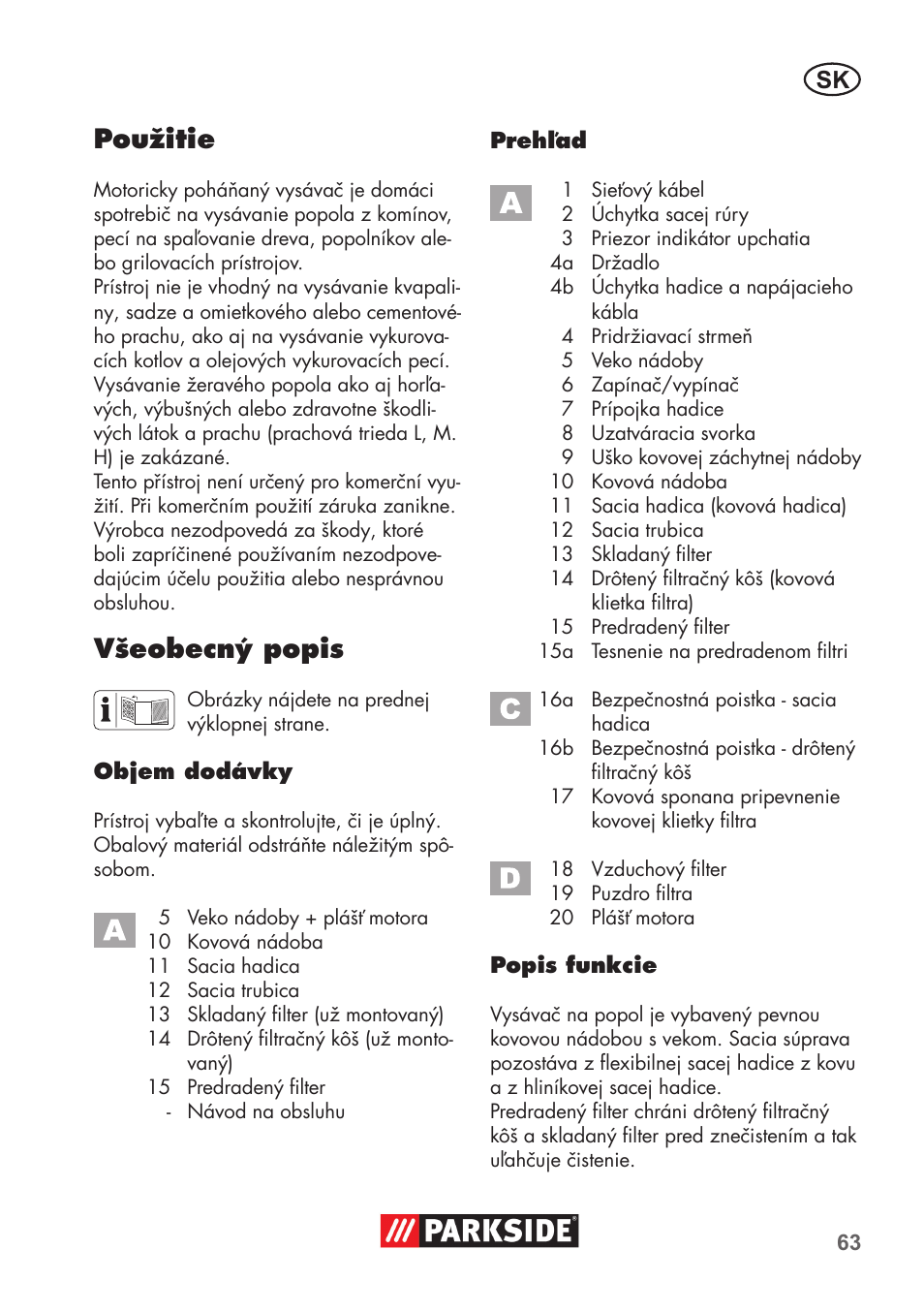 Použitie, Všeobecný popis | Parkside PAS 500 D3 User Manual | Page 63 / 90
