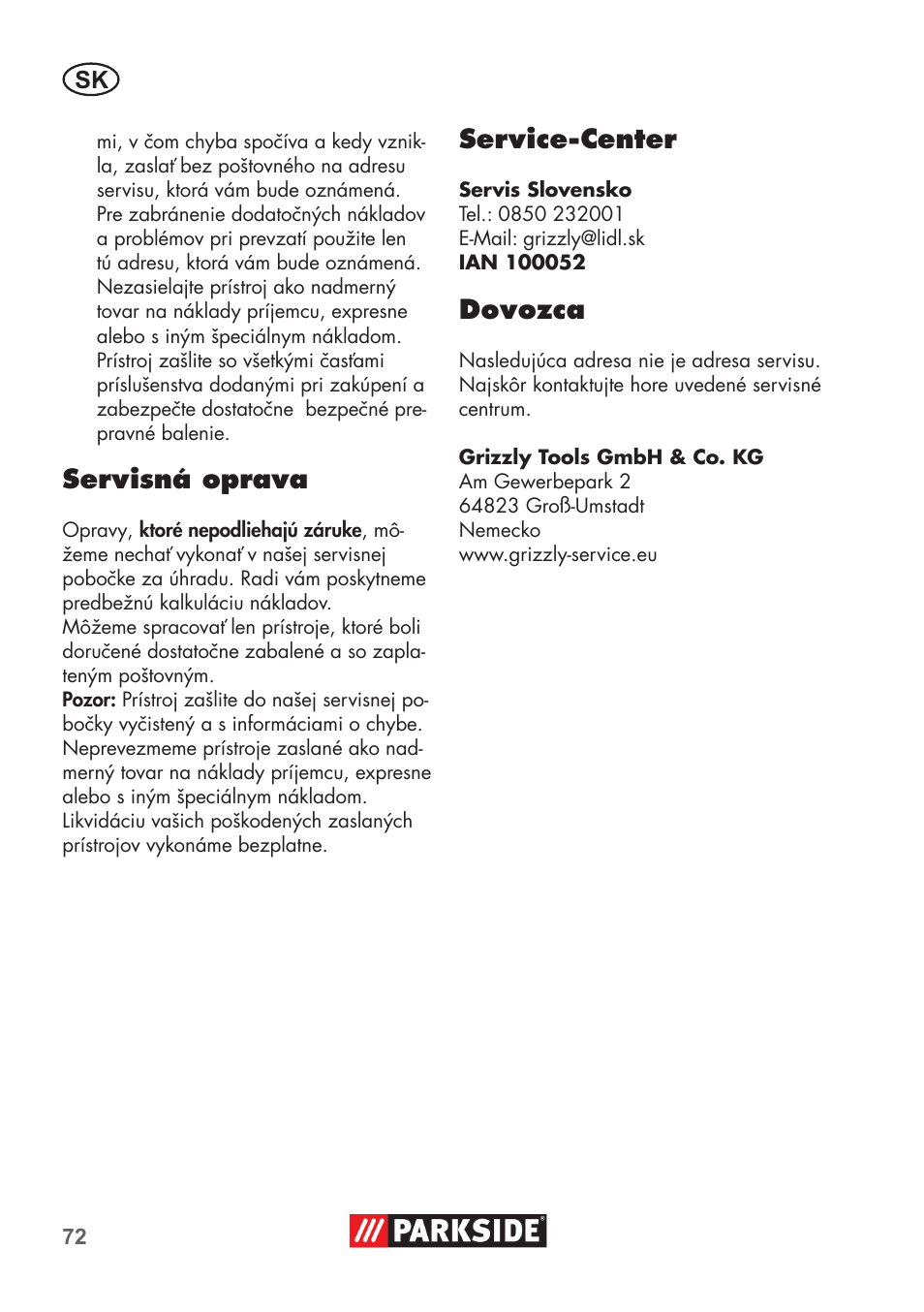 Servisná oprava, Service-center, Dovozca | Parkside PAS 500 D3 User Manual | Page 72 / 90