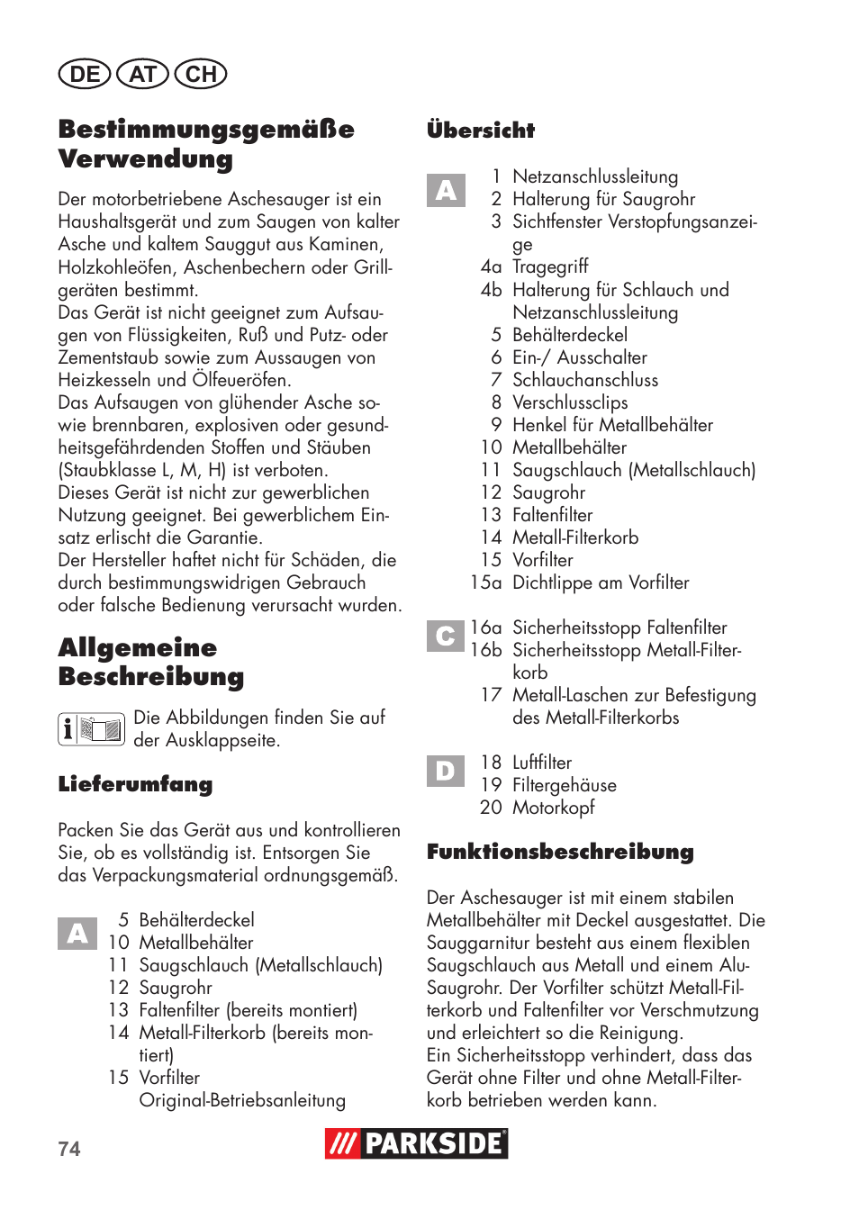 Bestimmungsgemäße verwendung, Allgemeine beschreibung, De at ch | Parkside PAS 500 D3 User Manual | Page 74 / 90