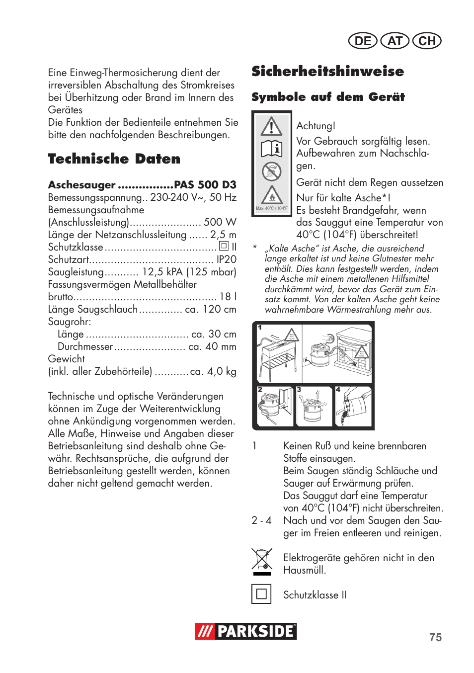 Technische daten, Sicherheitshinweise, De at ch | Parkside PAS 500 D3 User Manual | Page 75 / 90