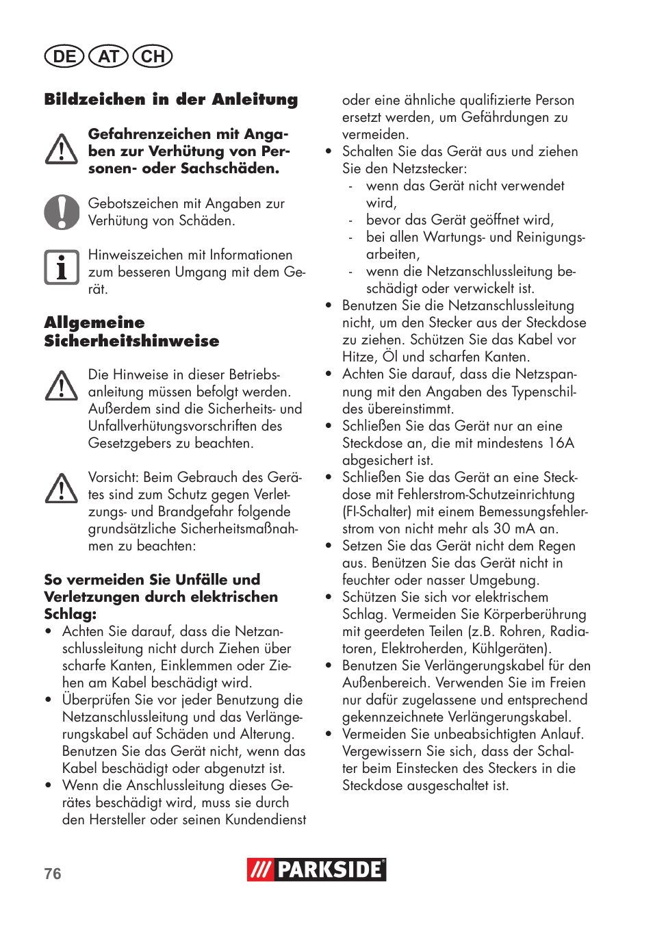 De at ch | Parkside PAS 500 D3 User Manual | Page 76 / 90