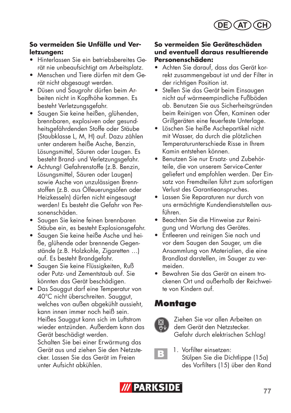 Montage, De at ch | Parkside PAS 500 D3 User Manual | Page 77 / 90