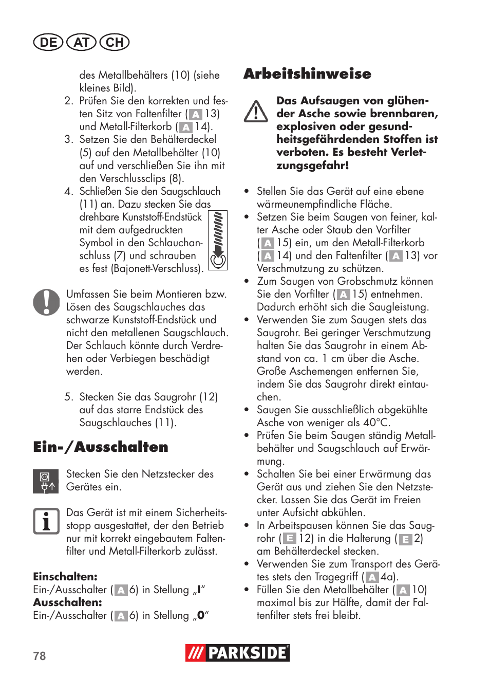 Ein-/ausschalten, Arbeitshinweise, De at ch | Parkside PAS 500 D3 User Manual | Page 78 / 90