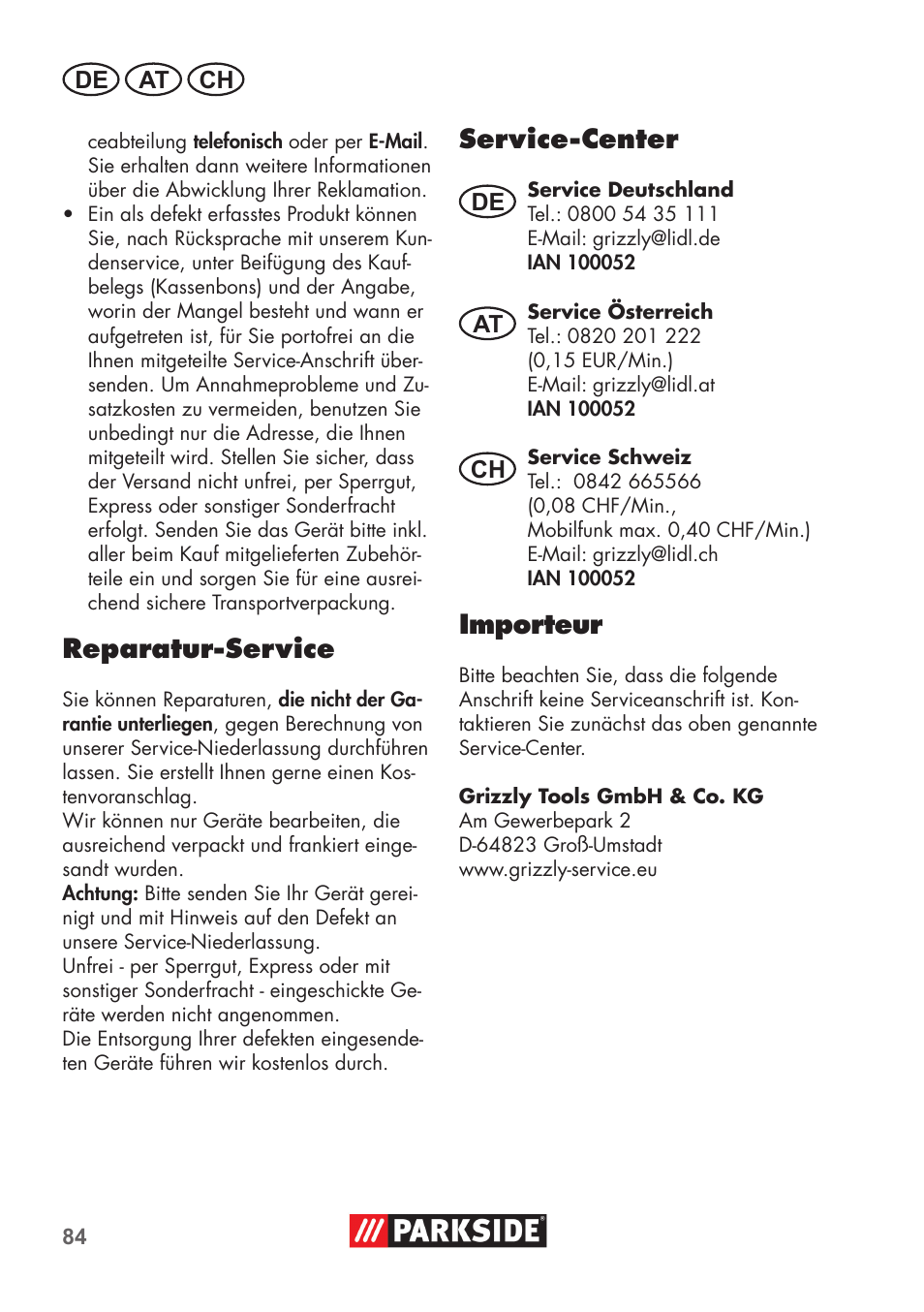 Reparatur-service, Service-center, Importeur | Parkside PAS 500 D3 User Manual | Page 84 / 90