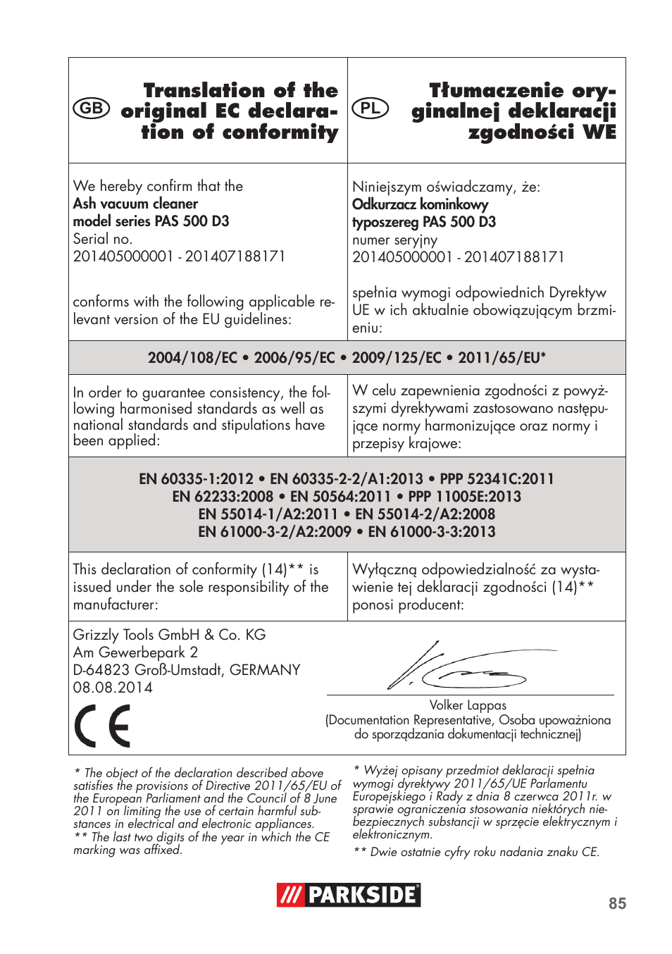 Parkside PAS 500 D3 User Manual | Page 85 / 90