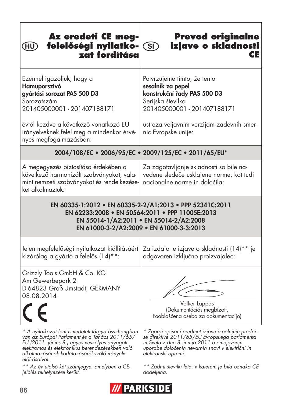 Parkside PAS 500 D3 User Manual | Page 86 / 90