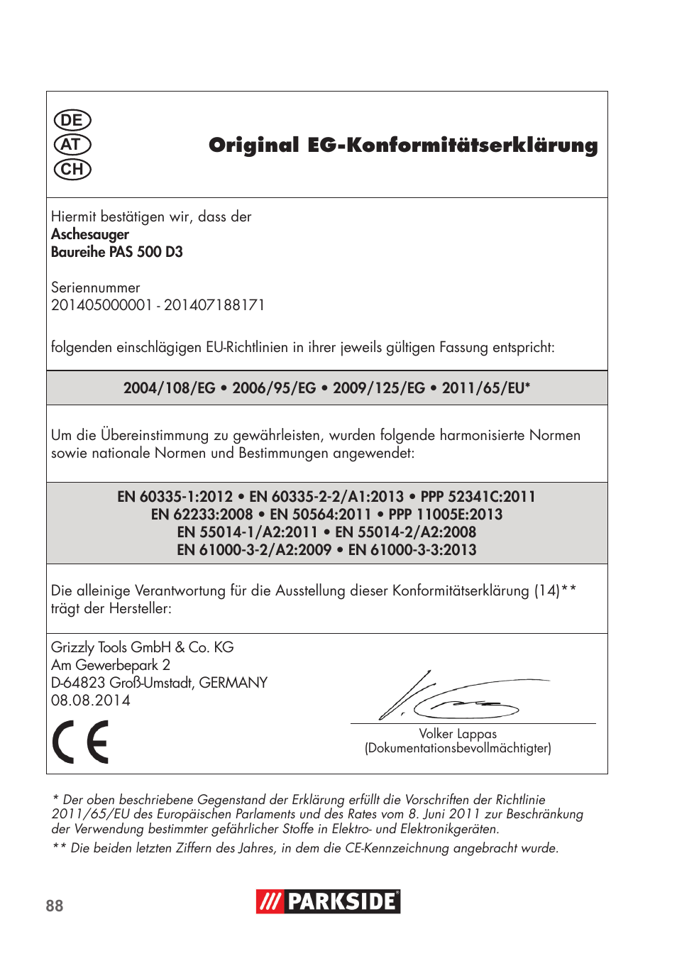 Original eg-konformitätserklärung | Parkside PAS 500 D3 User Manual | Page 88 / 90