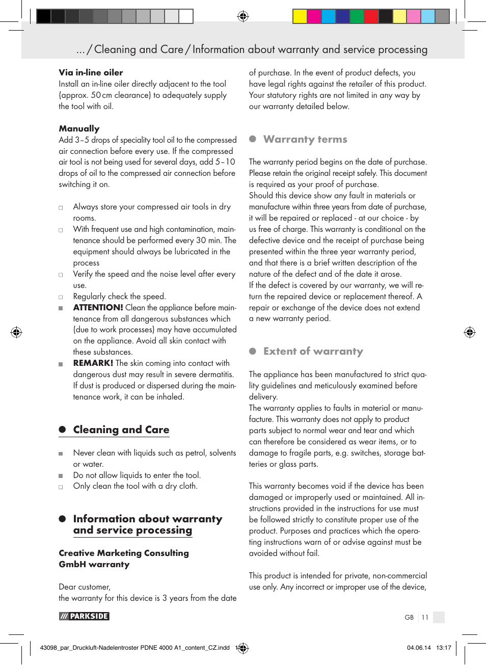 Cleaning and care, Information about warranty and service processing, Warranty terms | Extent of warranty | Parkside PDNE 4000 A1 User Manual | Page 11 / 34