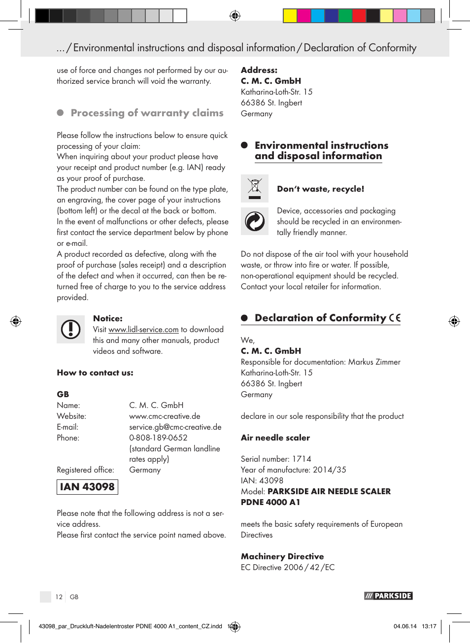 Processing of warranty claims, Declaration of conformity | Parkside PDNE 4000 A1 User Manual | Page 12 / 34