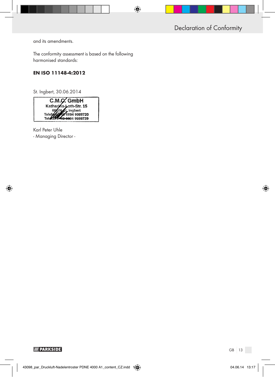Declaration of conformity | Parkside PDNE 4000 A1 User Manual | Page 13 / 34