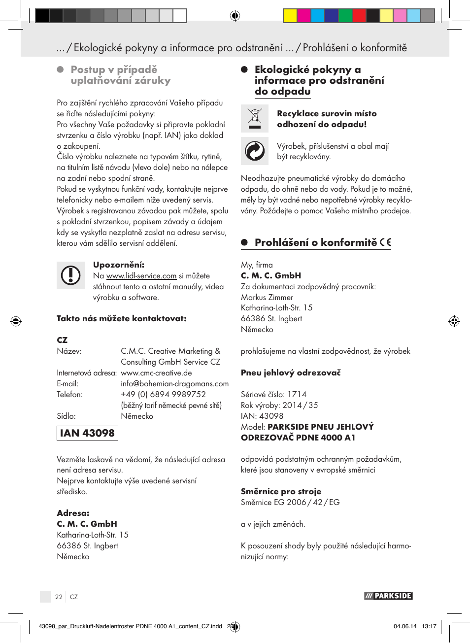 Postup v případě uplatňování záruky, Prohlášení o konformitě | Parkside PDNE 4000 A1 User Manual | Page 22 / 34
