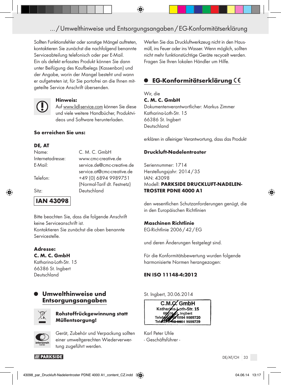 Umwelthinweise und entsorgungsangaben, Eg-konformitätserklärung | Parkside PDNE 4000 A1 User Manual | Page 33 / 34