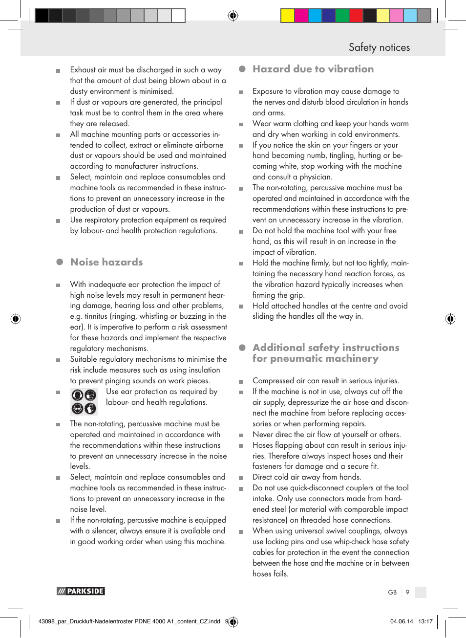 Safety notices, Noise hazards, Hazard due to vibration | Parkside PDNE 4000 A1 User Manual | Page 9 / 34