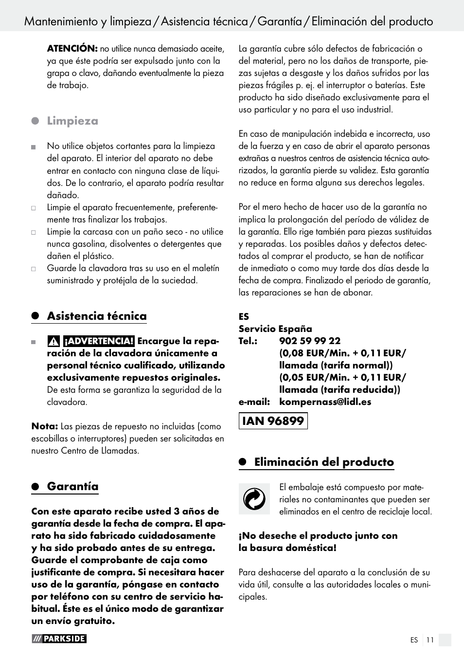 Limpieza, Asistencia técnica, Garantía | Eliminación del producto | Parkside PDT 40 C2 User Manual | Page 11 / 45