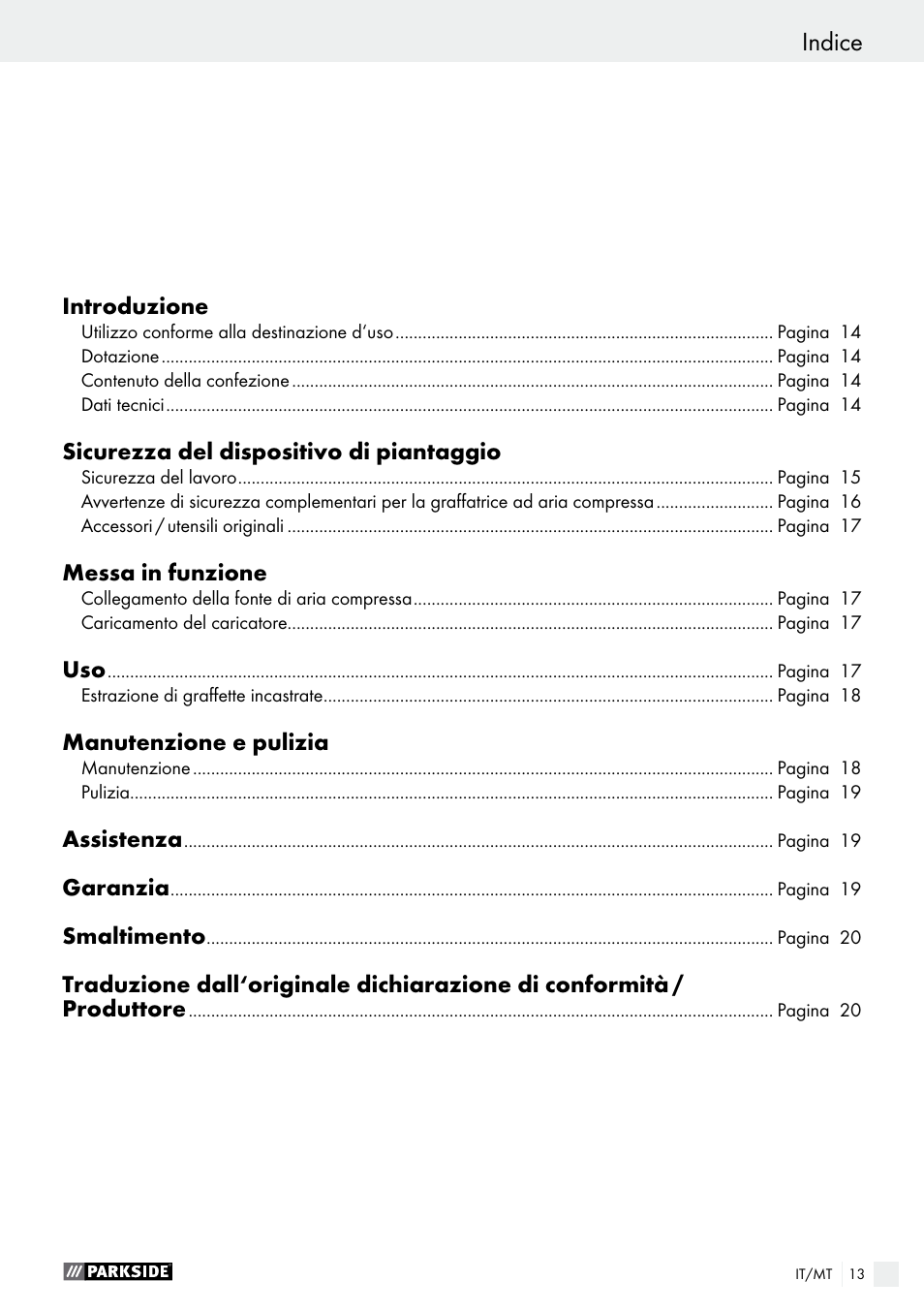 Indice | Parkside PDT 40 C2 User Manual | Page 13 / 45