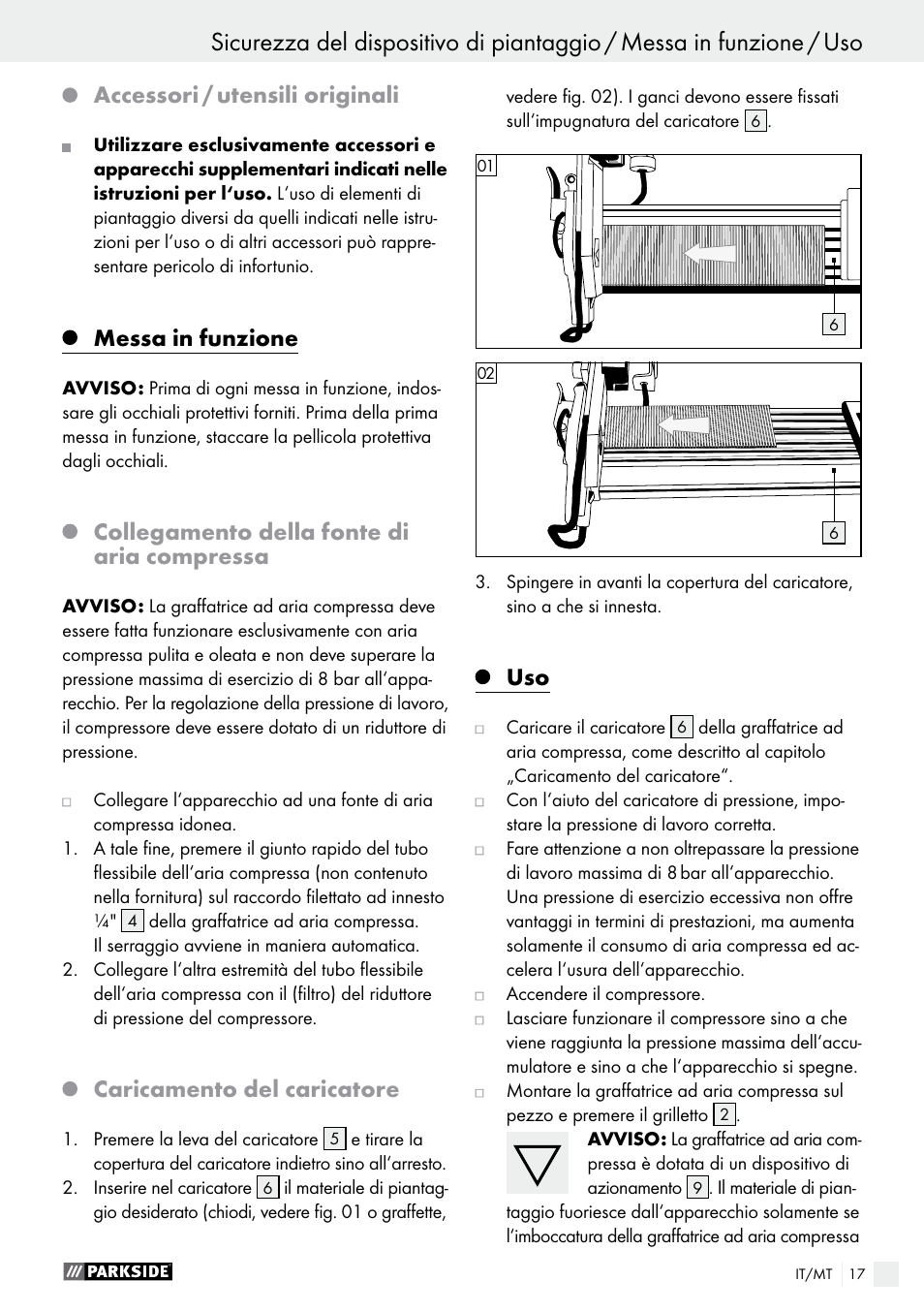 Sicurezza del dispositivo di piantaggio, Accessori / utensili originali, Messa in funzione | Collegamento della fonte di aria compressa, Caricamento del caricatore | Parkside PDT 40 C2 User Manual | Page 17 / 45