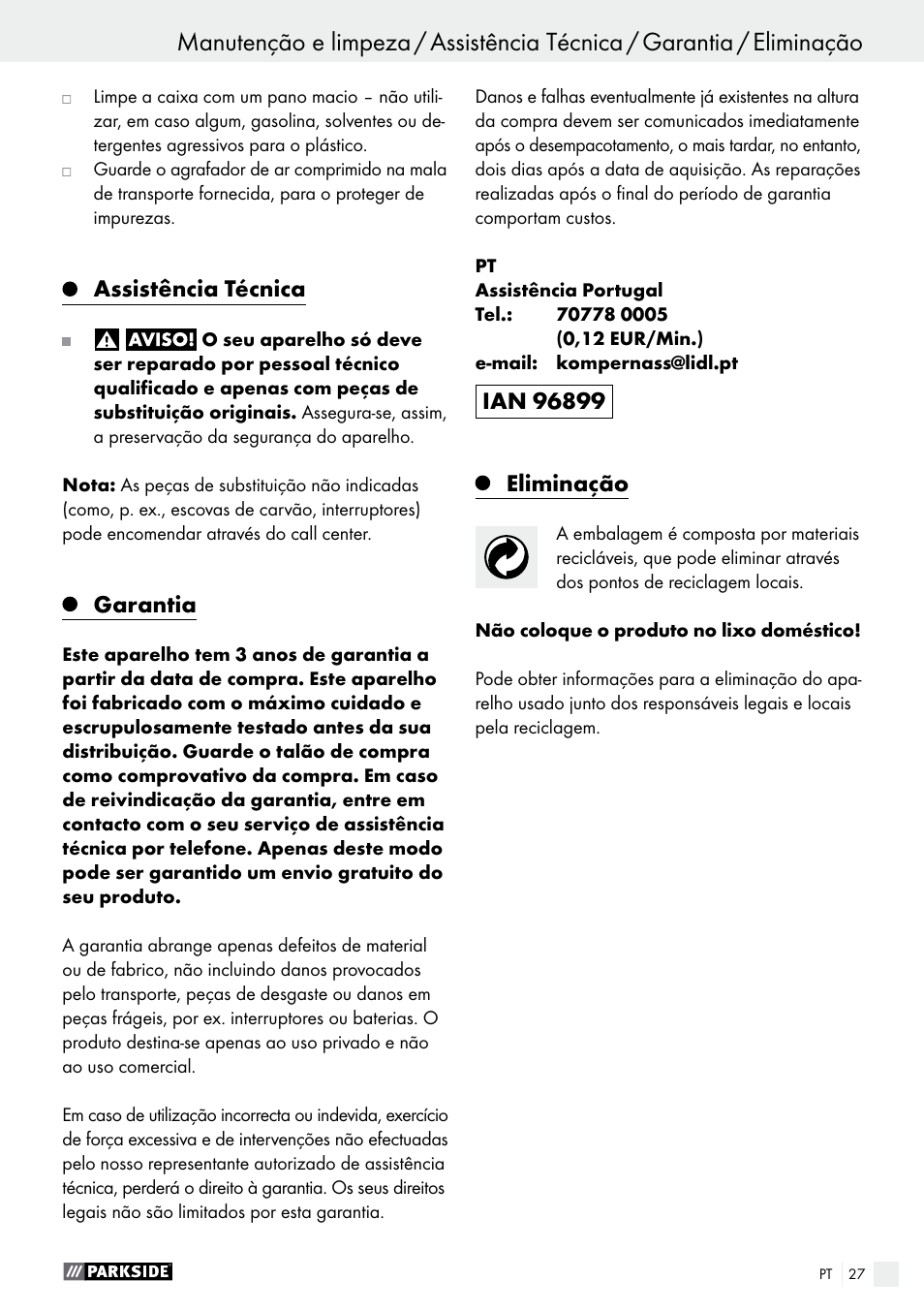 Utilização / manutenção e limpeza, Assistência técnica, Garantia | Eliminação | Parkside PDT 40 C2 User Manual | Page 27 / 45