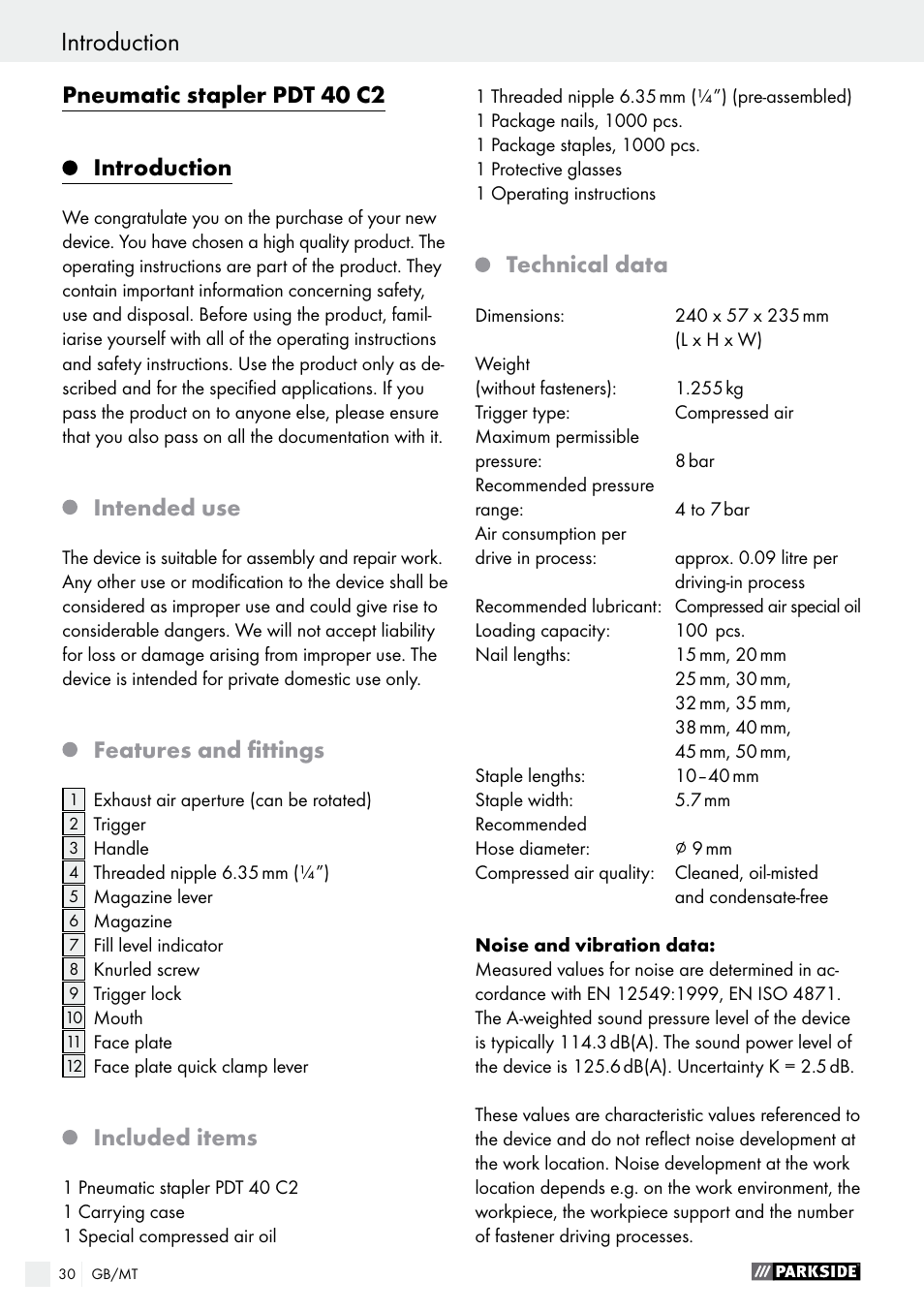 Pneumatic stapler pdt 40 c2 introduction, Intended use, Features and fittings | Included items, Technical data | Parkside PDT 40 C2 User Manual | Page 30 / 45