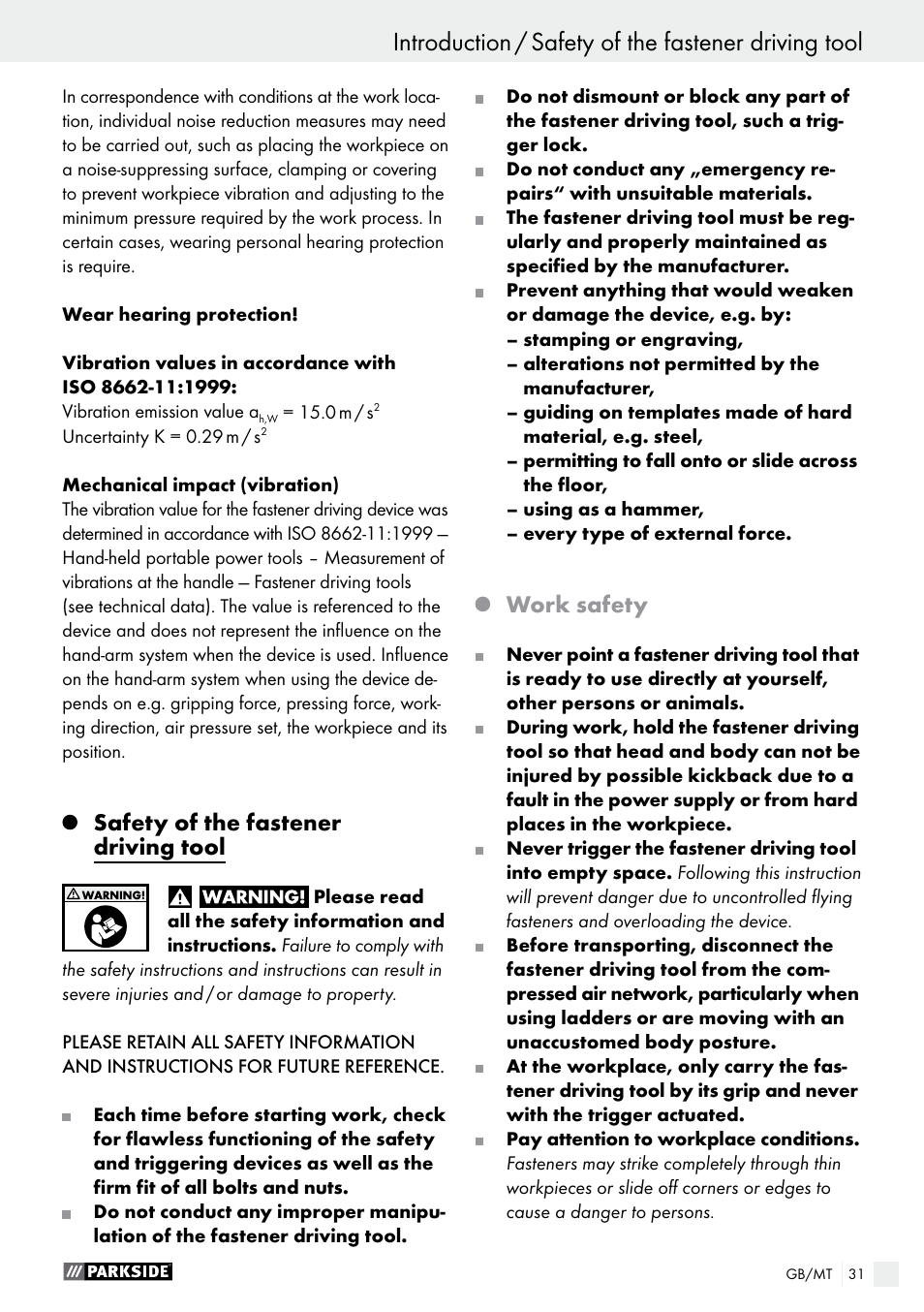 Introduction / safety of the fastener driving tool, Introduction, Safety of the fastener driving tool | Work safety | Parkside PDT 40 C2 User Manual | Page 31 / 45