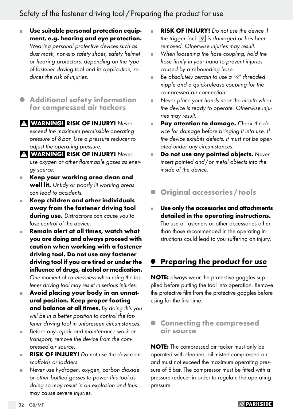 Original accessories / tools, Preparing the product for use, Connecting the compressed air source | Parkside PDT 40 C2 User Manual | Page 32 / 45