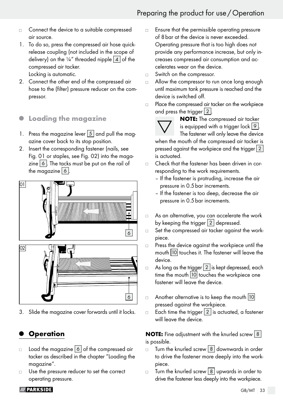 Preparing the product for use / operation, Loading the magazine, Operation | Parkside PDT 40 C2 User Manual | Page 33 / 45