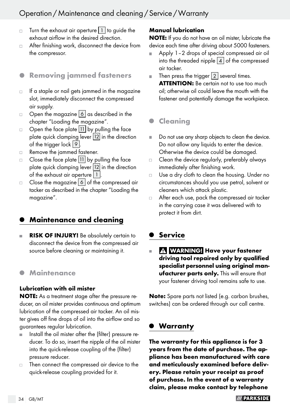 Removing jammed fasteners, Maintenance and cleaning, Maintenance | Cleaning, Service, Warranty | Parkside PDT 40 C2 User Manual | Page 34 / 45