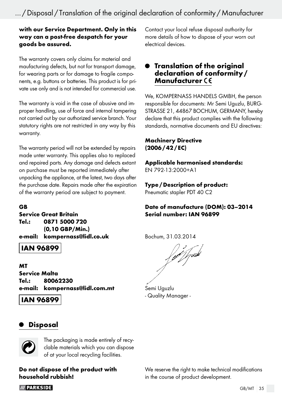 Parkside PDT 40 C2 User Manual | Page 35 / 45