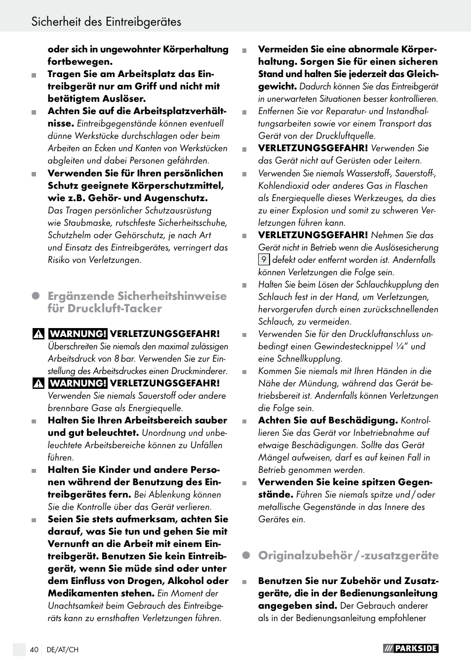 Sicherheit des eintreibgerätes, Originalzubehör / -zusatzgeräte | Parkside PDT 40 C2 User Manual | Page 40 / 45