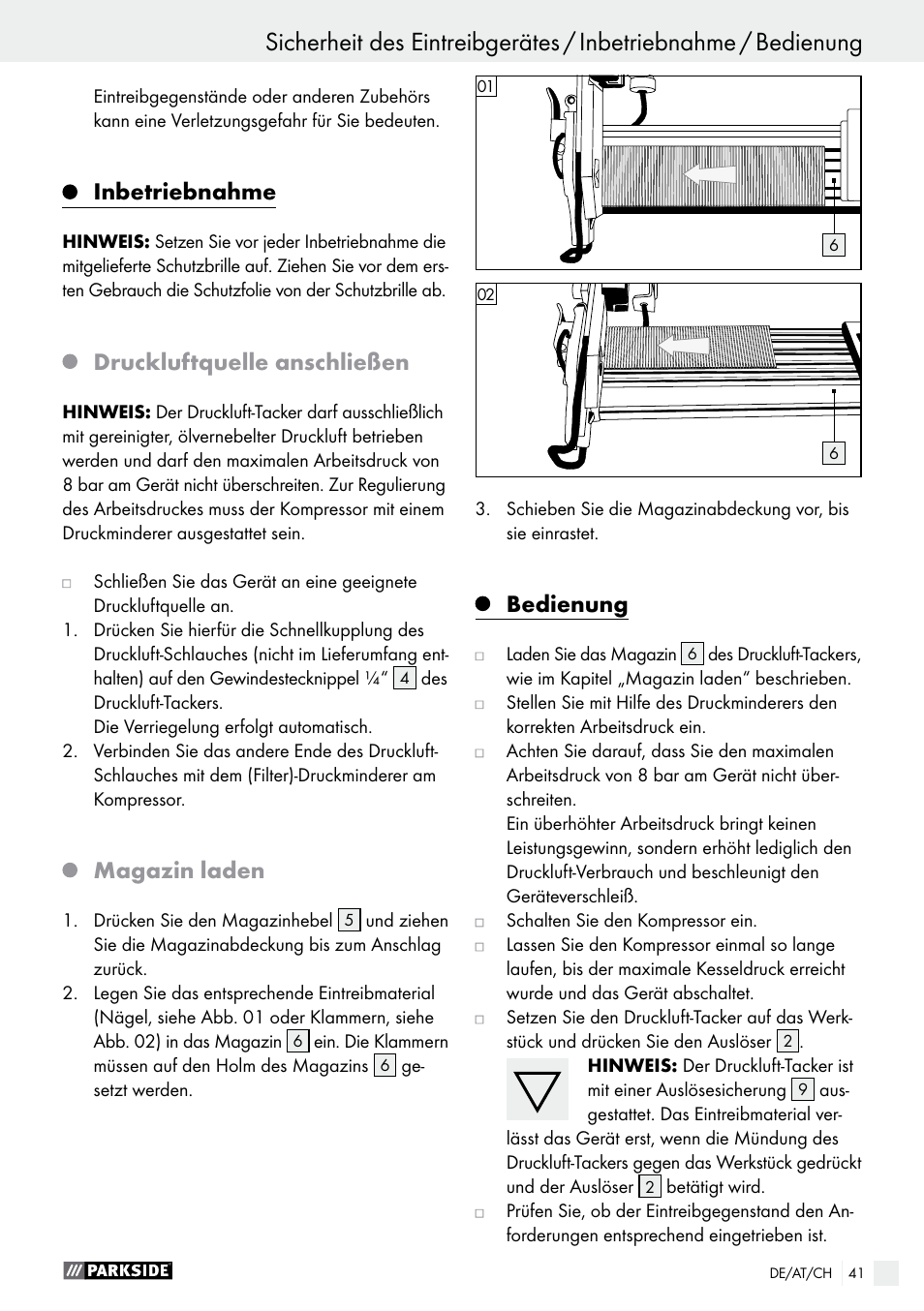 Inbetriebnahme, Druckluftquelle anschließen, Magazin laden | Bedienung | Parkside PDT 40 C2 User Manual | Page 41 / 45