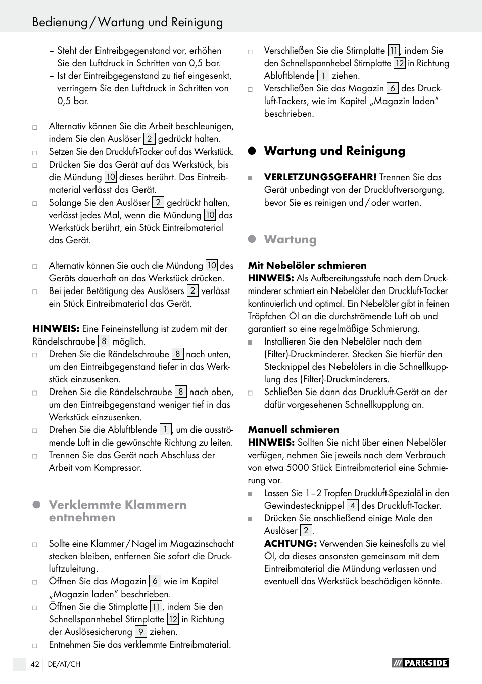 Bedienung / wartung und reinigung, Verklemmte klammern entnehmen, Wartung und reinigung | Wartung | Parkside PDT 40 C2 User Manual | Page 42 / 45