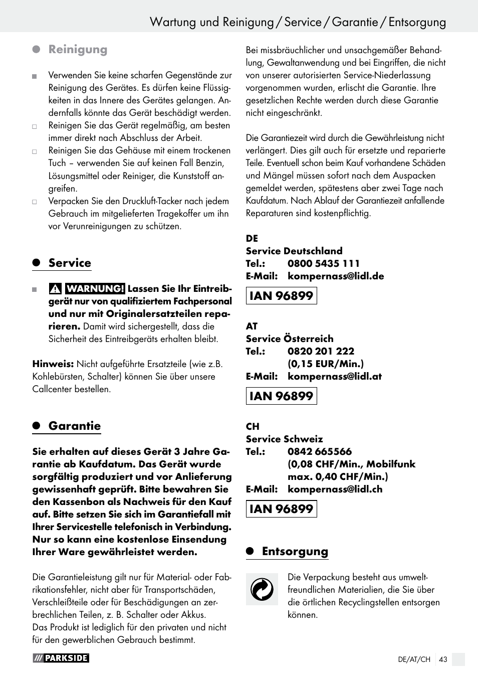 Reinigung, Service, Garantie | Entsorgung | Parkside PDT 40 C2 User Manual | Page 43 / 45
