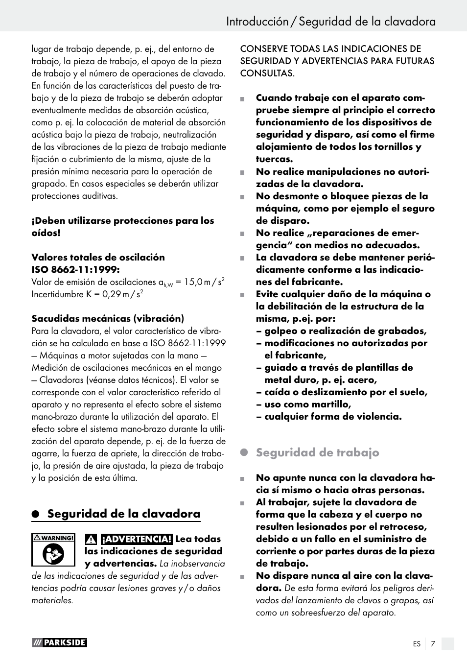 Seguridad de la clavadora, Seguridad de trabajo | Parkside PDT 40 C2 User Manual | Page 7 / 45