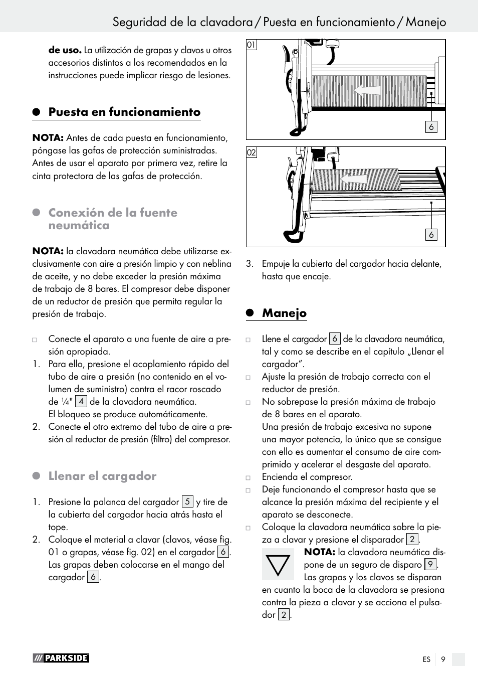 Puesta en funcionamiento, Conexión de la fuente neumática, Llenar el cargador | Manejo | Parkside PDT 40 C2 User Manual | Page 9 / 45