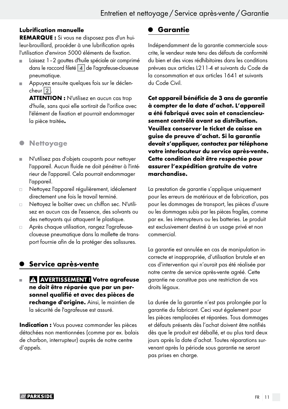 Nettoyage, Service après-vente, Garantie | Parkside PDT 40 C2 User Manual | Page 11 / 28