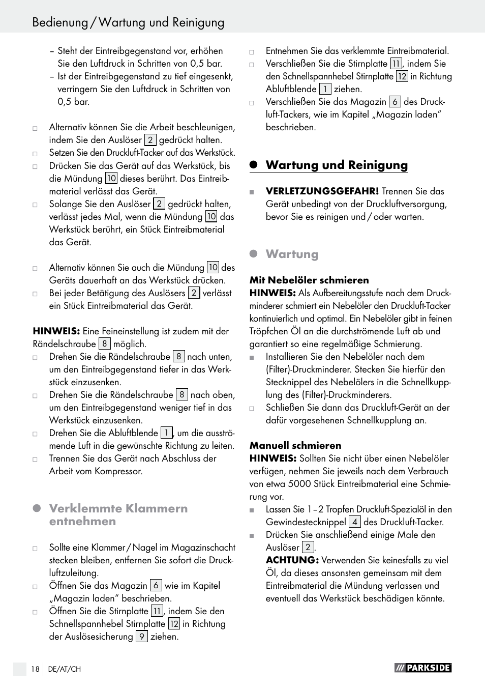 Bedienung / wartung und reinigung, Verklemmte klammern entnehmen, Wartung und reinigung | Wartung | Parkside PDT 40 C2 User Manual | Page 18 / 28