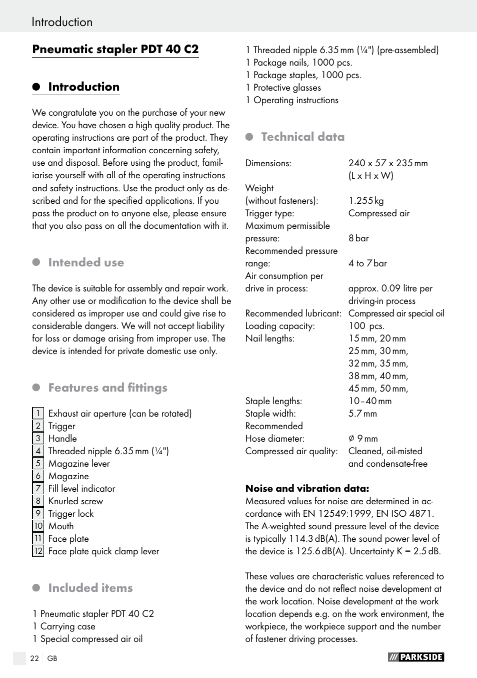 Pneumatic stapler pdt 40 c2 introduction, Intended use, Features and fittings | Included items, Technical data | Parkside PDT 40 C2 User Manual | Page 22 / 28