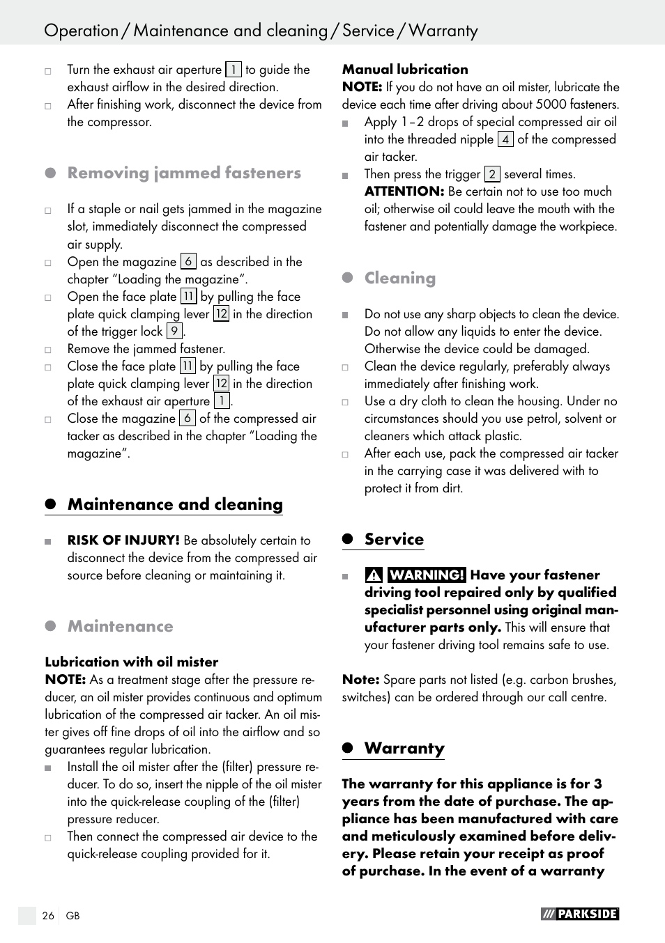 Removing jammed fasteners, Maintenance and cleaning, Maintenance | Cleaning, Service, Warranty | Parkside PDT 40 C2 User Manual | Page 26 / 28