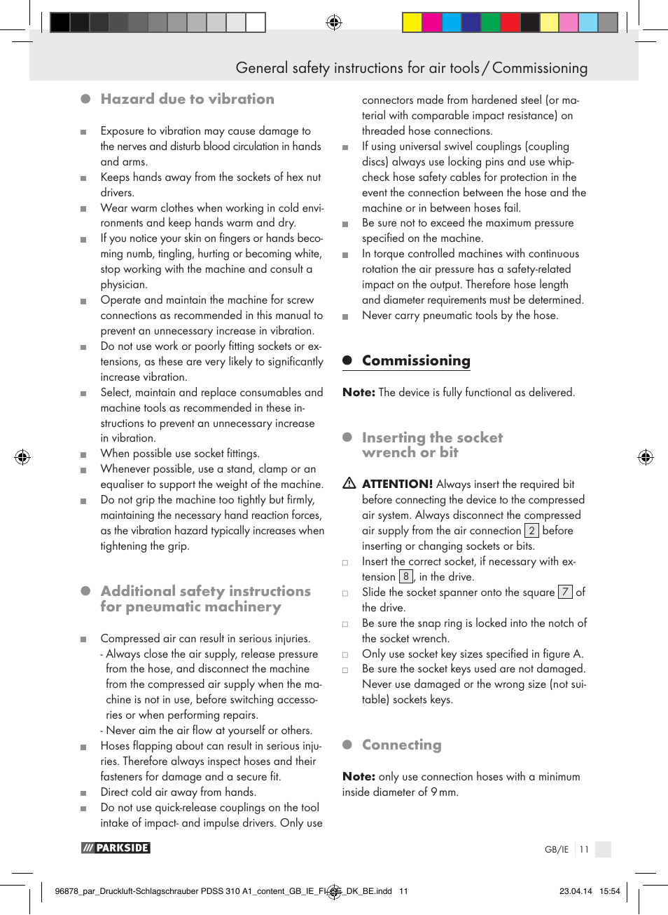 Hazard due to vibration, Commissioning, Inserting the socket wrench or bit | Connecting | Parkside PDSS 310 A1 User Manual | Page 11 / 94