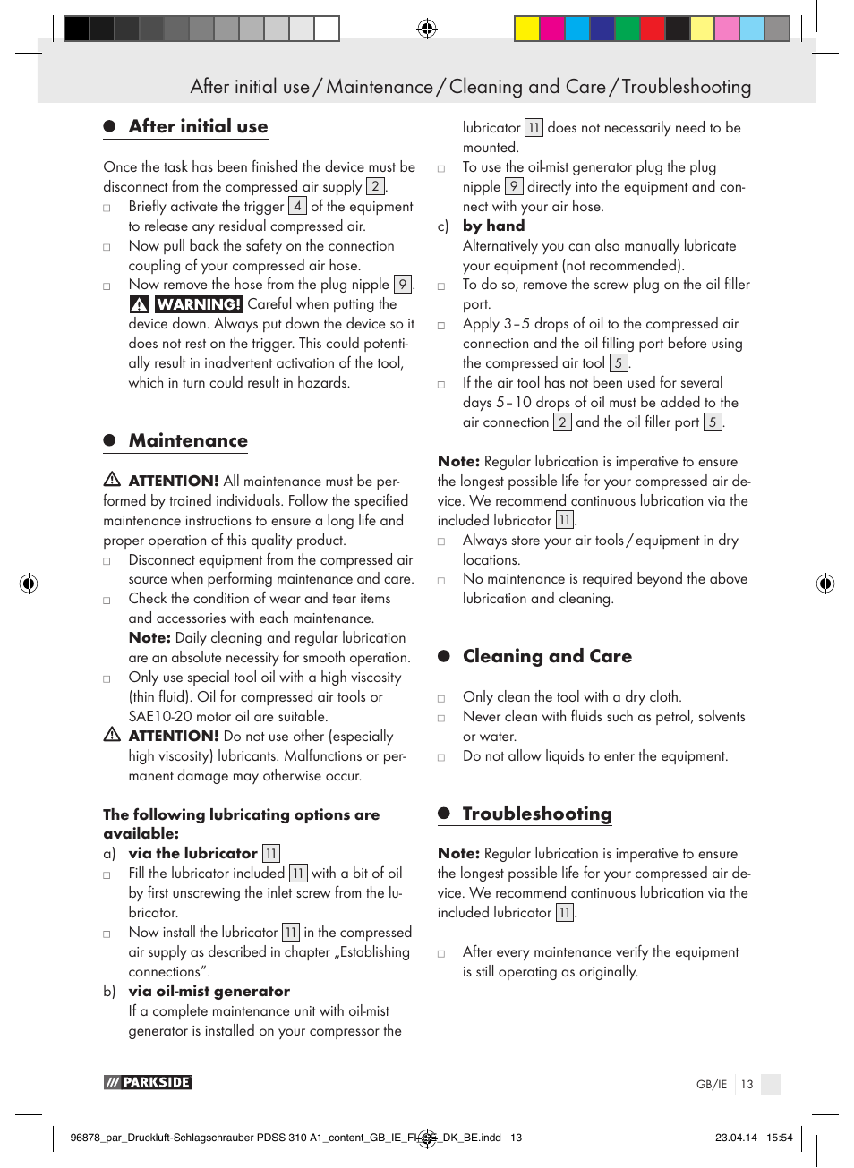 After initial use, Maintenance, Cleaning and care | Troubleshooting | Parkside PDSS 310 A1 User Manual | Page 13 / 94