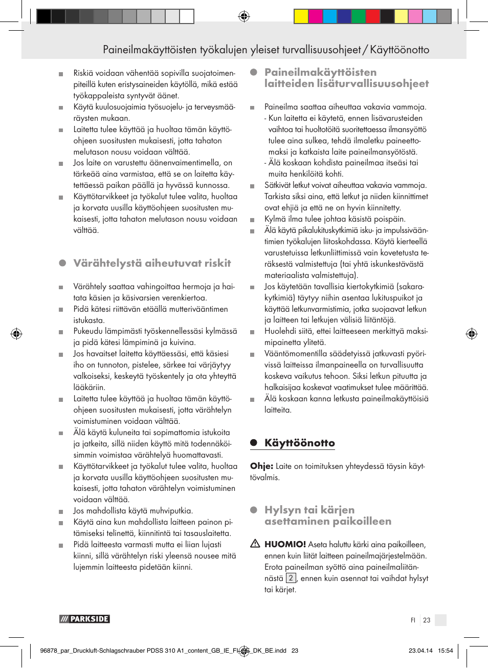 Värähtelystä aiheutuvat riskit, Käyttöönotto, Hylsyn tai kärjen asettaminen paikoilleen | Parkside PDSS 310 A1 User Manual | Page 23 / 94
