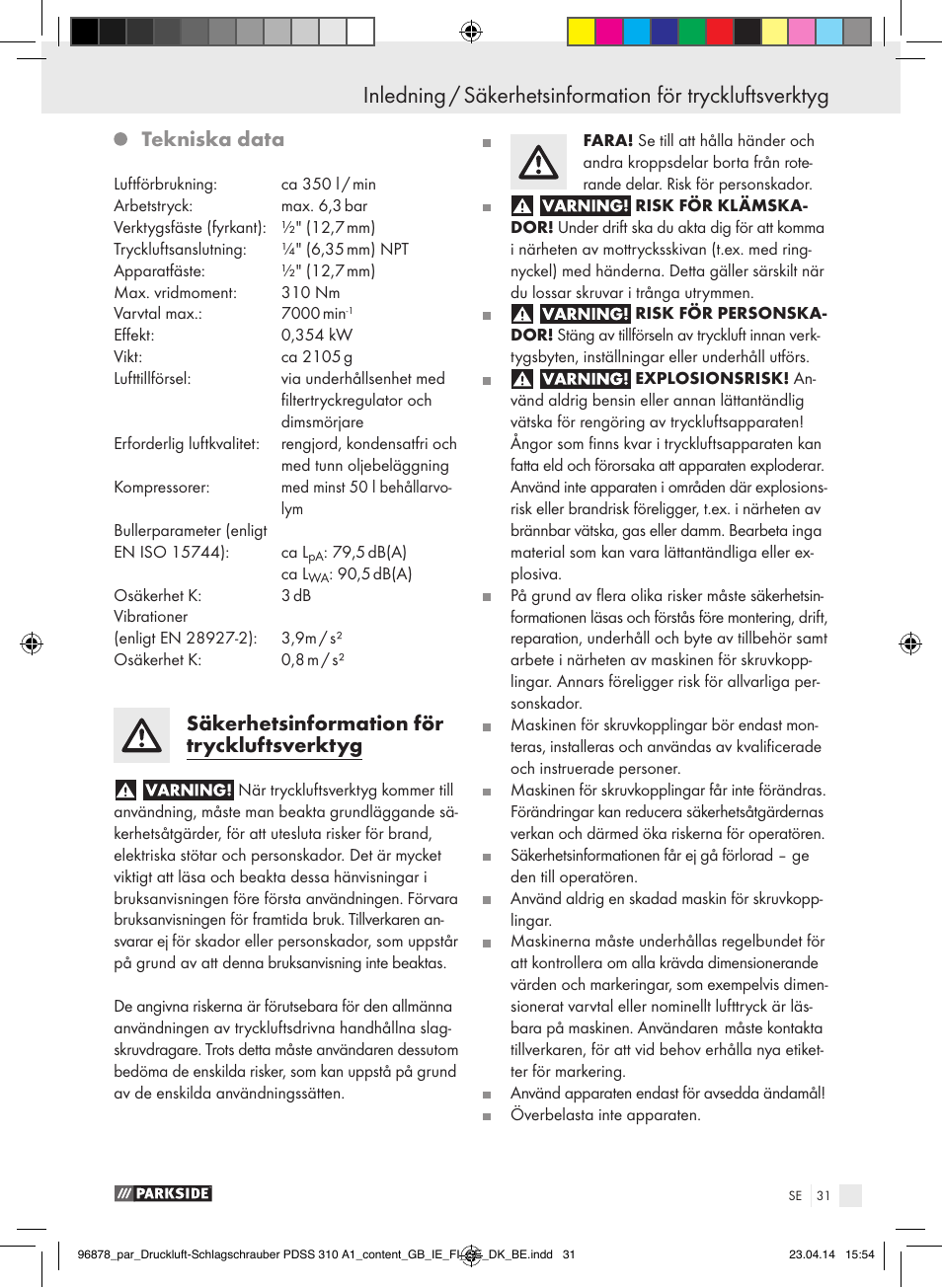 Tekniska data, Säkerhetsinformation för tryckluftsverktyg | Parkside PDSS 310 A1 User Manual | Page 31 / 94