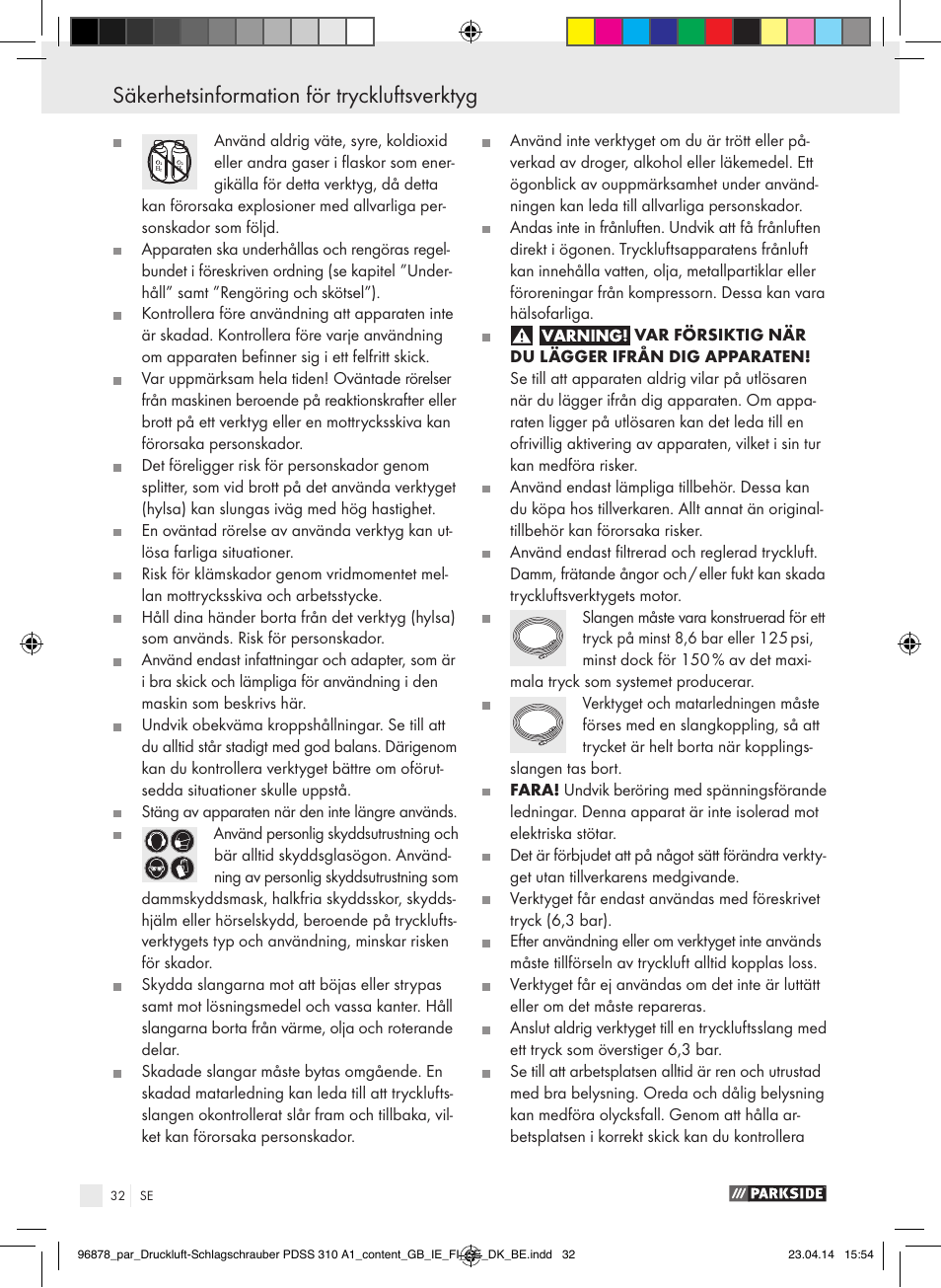 Säkerhetsinformation för tryckluftsverktyg | Parkside PDSS 310 A1 User Manual | Page 32 / 94
